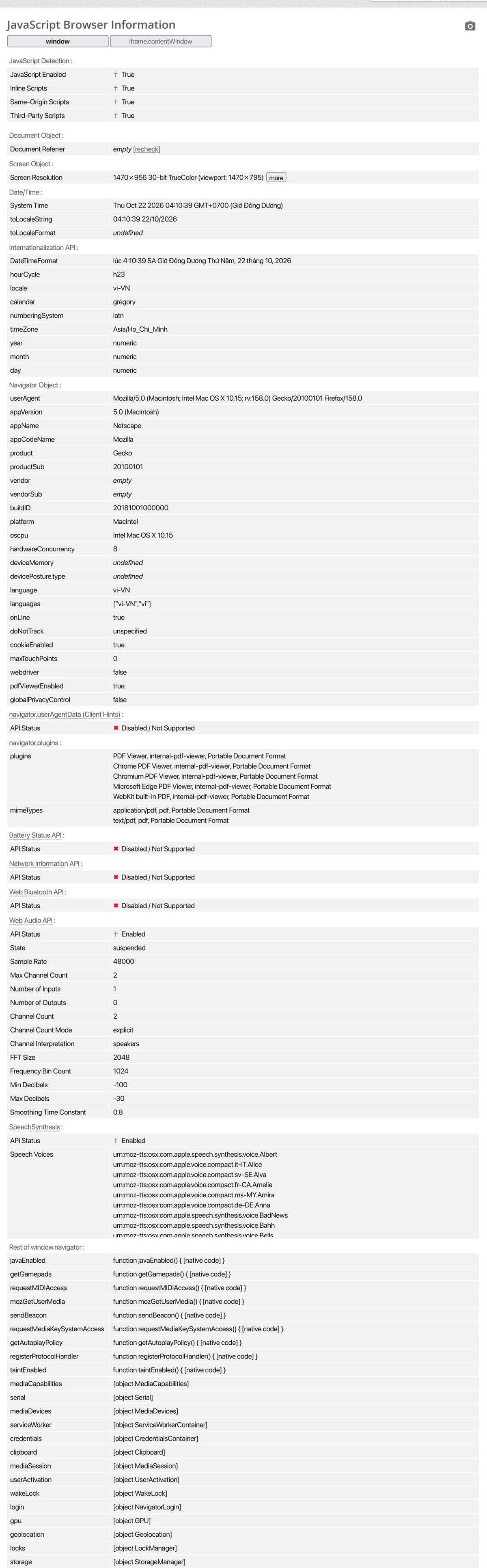 BrowserLeaks: Intel Mac OS X 10.15, MacIntel, Firefox 158