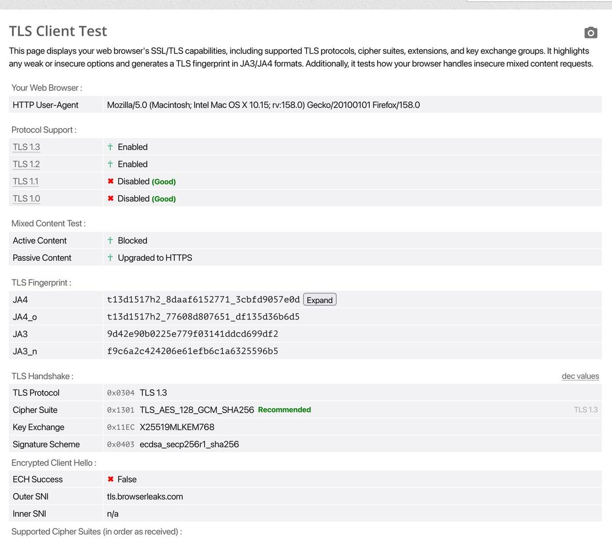 BrowserLeaks TLS Client Test: Firefox JA4