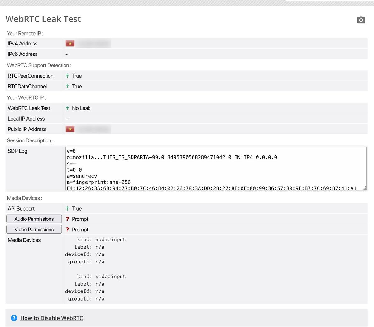 BrowserLeaks WebRTC Leak Test: No Leak