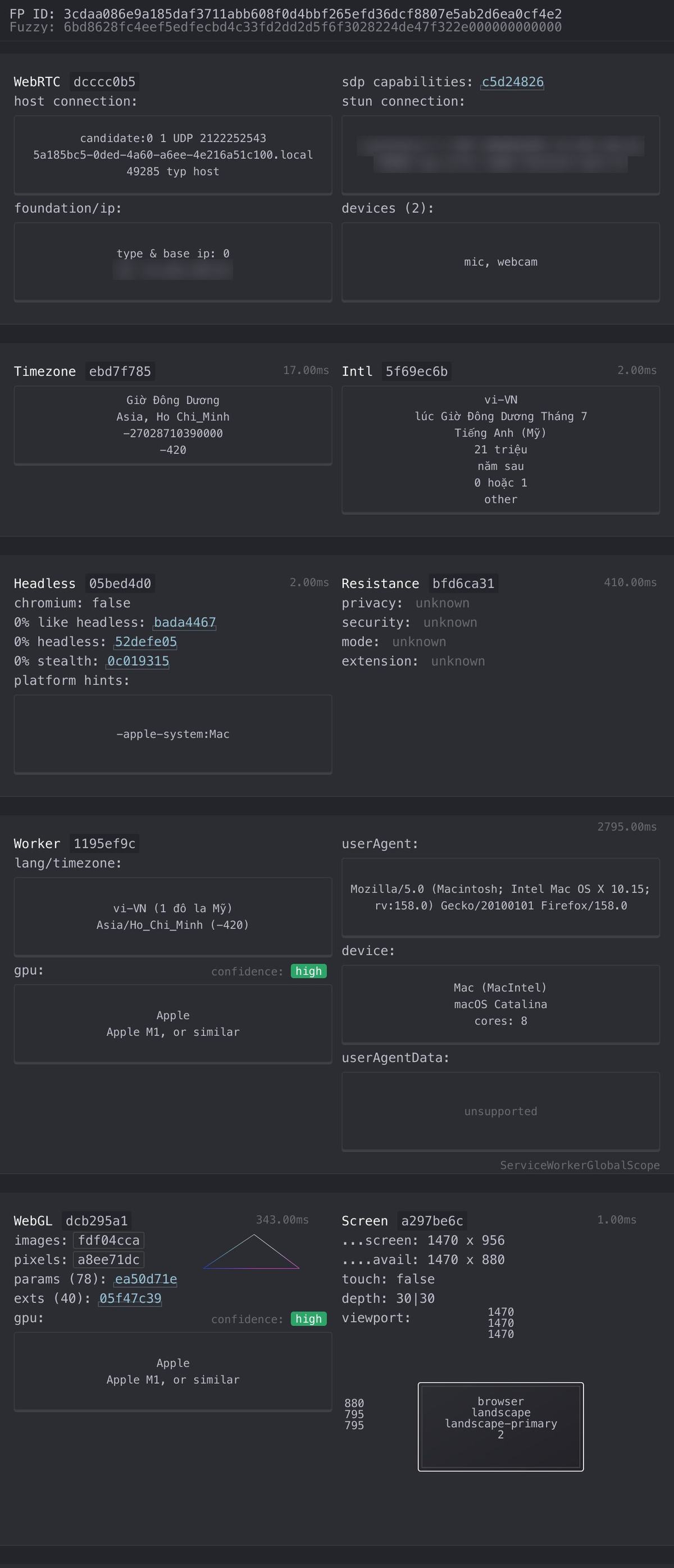 CreepJS report, part 1: WebRTC, timezone, headless 0%, worker, WebGL