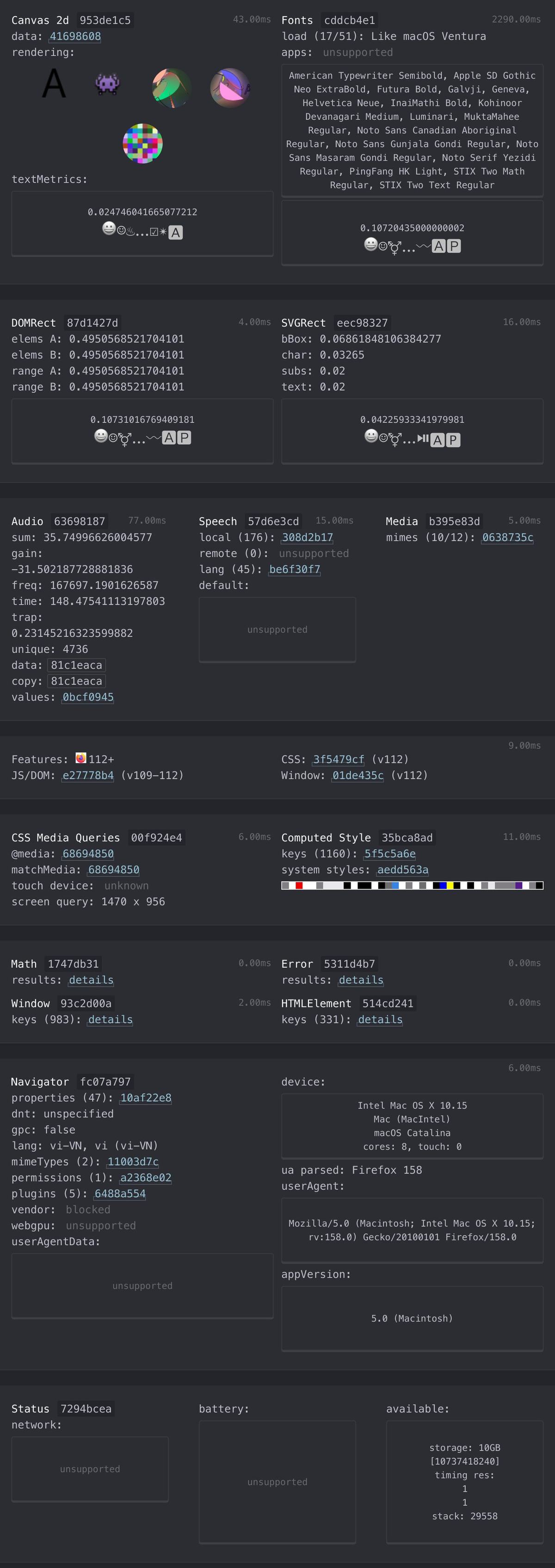 CreepJS report, part 2: canvas, fonts, audio, navigator