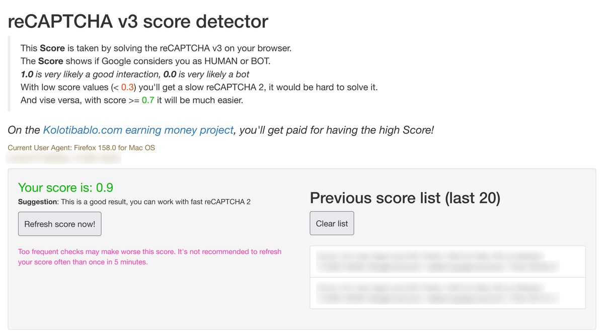 reCAPTCHA v3 score detector: Your score is 0.9