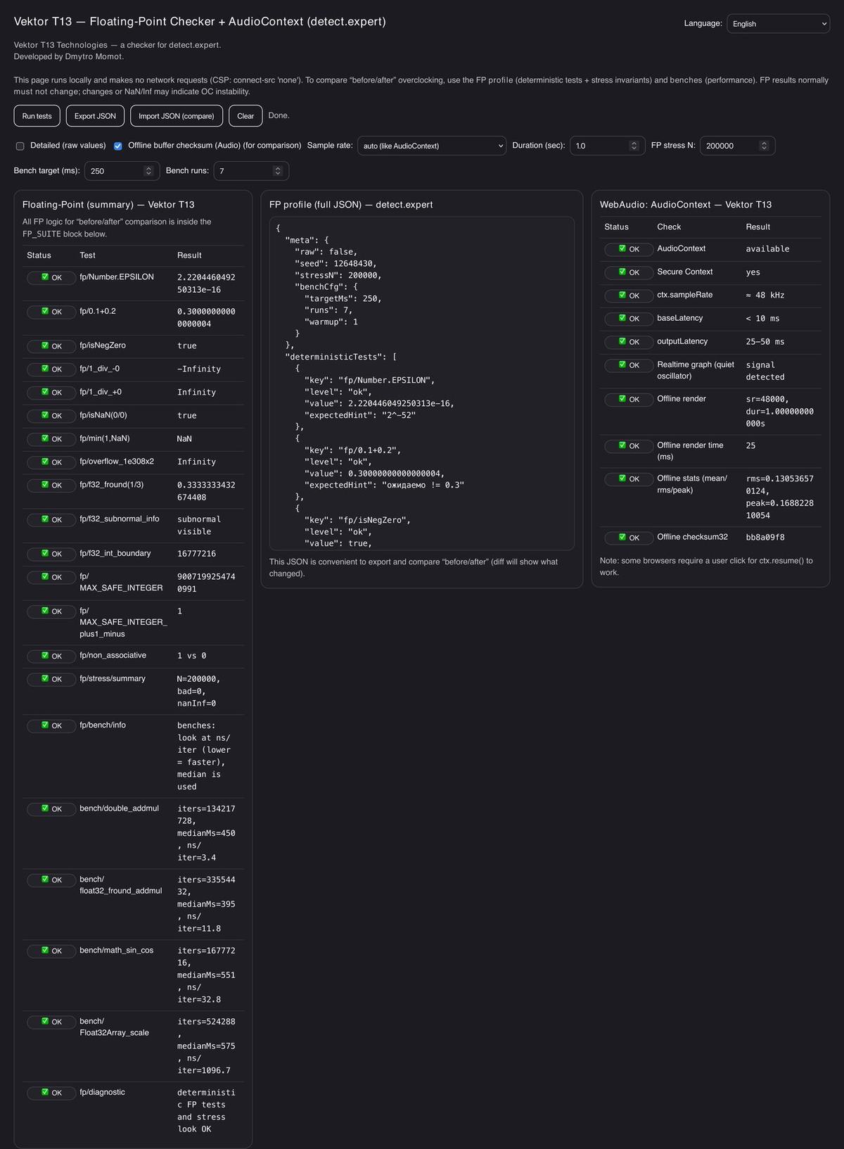 Vektor T13 Floating-Point Checker and AudioContext: every check OK